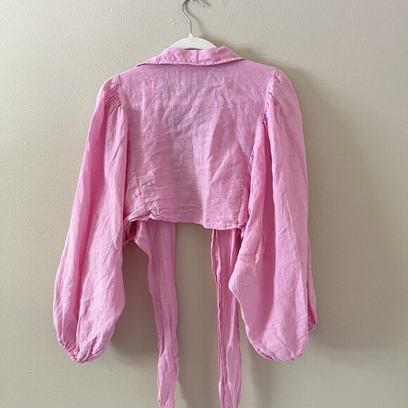 100% Linen Wrap Top Coverup Pink Puff Sleeve Balloon Blouse Collared Crop Italy - Picture 6 of 6